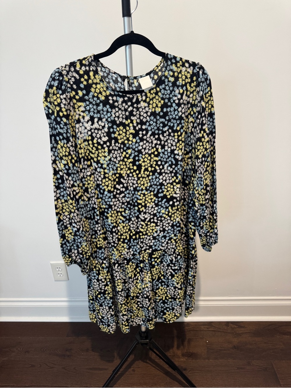H&M Black Floral Long-Sleeve Shift Dress with Yellow and Light Blue Flowers